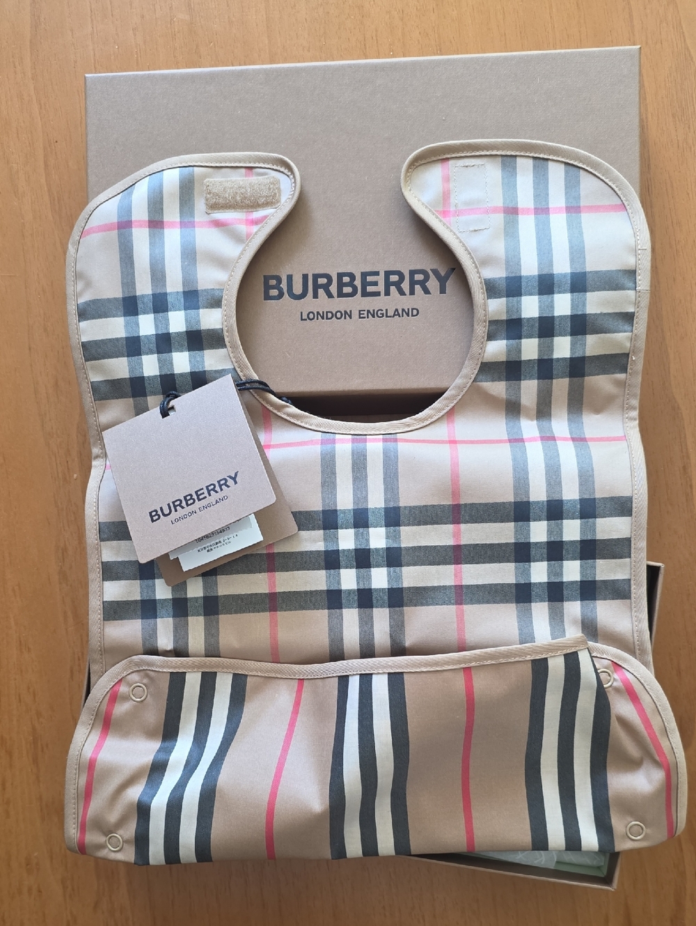 Burberry Beige Nova Check Baby Bib with Pink & Black Stripes